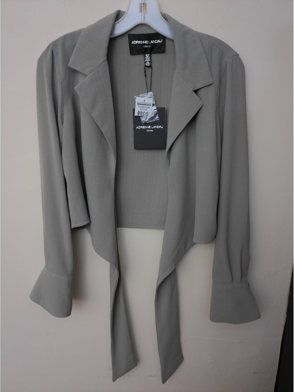 NWT Adrienne Landau Onyx Tie Front Jacket Womens Vetiver Gray Cropped Size XS